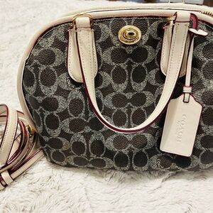 Coach Monogram Brown And White Canvas With White Leather Handbag